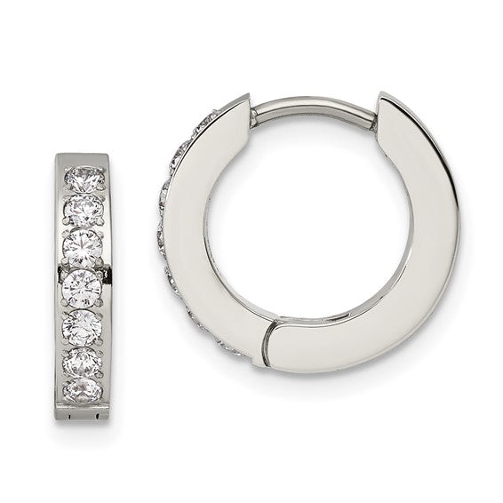 Stainless Steel Polished with 1 Row of CZ 2.3mm Hinged Hoop Earrings