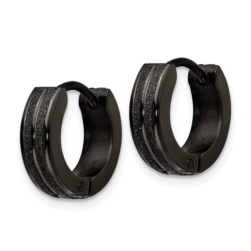 Stainless Steel Polished Black IP-plated Laser cut 4mm Hinged Hoop Earrings