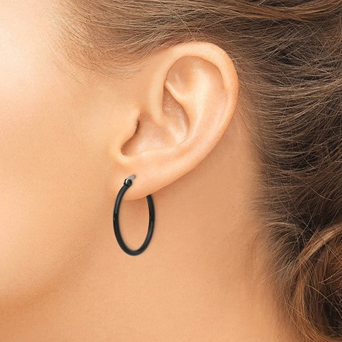 Stainless Steel Polished Black IP-plated 26mm Diameter 2mm Hoop Earrings