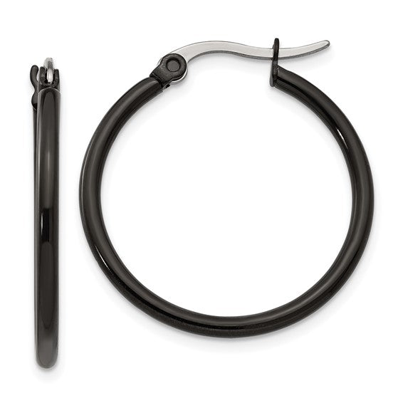 Stainless Steel Polished Black IP-plated 26mm Diameter 2mm Hoop Earrings