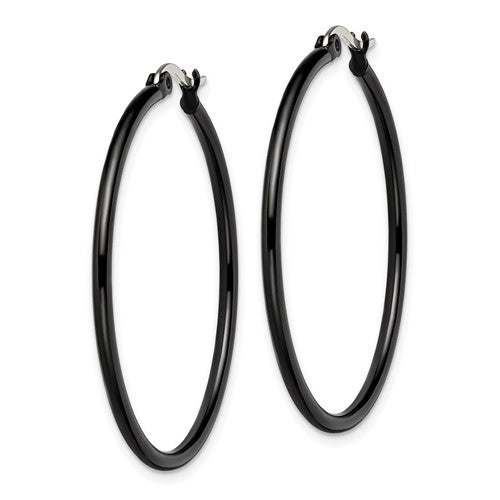 Stainless Steel Polished Black IP-plated 40mm Diameter 2mm Hoop Earrings