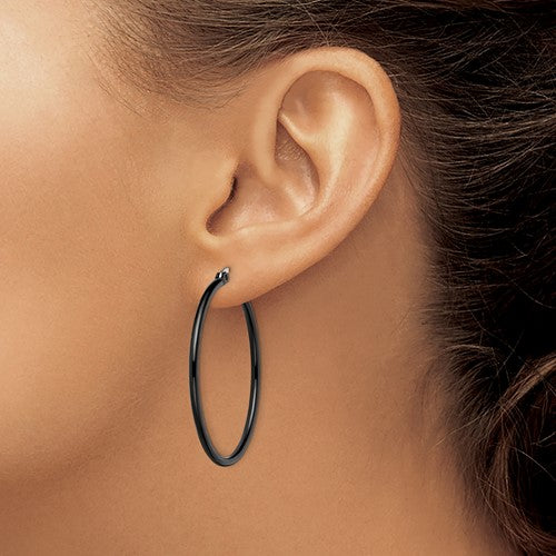 Stainless Steel Polished Black IP-plated 40mm Diameter 2mm Hoop Earrings