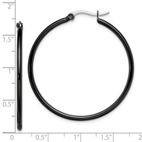 Stainless Steel Polished Black IP-plated 40mm Diameter 2mm Hoop Earrings