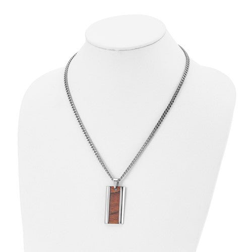Stainless Steel Polished Koa Wood Inlay Enameled Pendant on a 20 inch Curb Chain Necklace