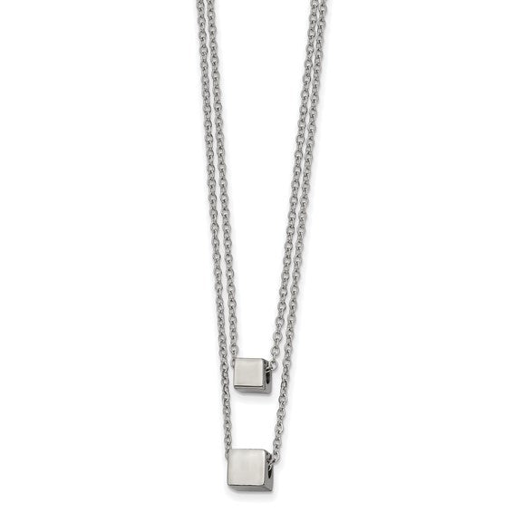 Stainless Steel Polished Square Beads on a Two Strand 17 inch Cable Chain with a 2 inch Extension Necklace - Bijouterie Classique