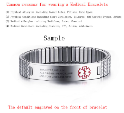 Stainless Steel Medical Alert Stretch Adjustable Wristband ID Bracelet Bangle for Women Custom Engraving