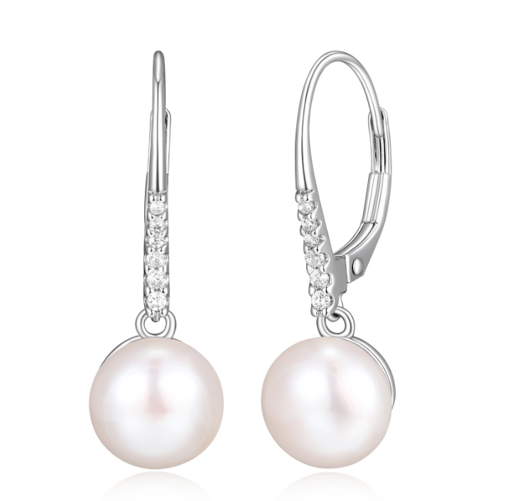 Diamondlite CZ 8.5mm round genuine pearl drop leverback earrings in sterling silver.