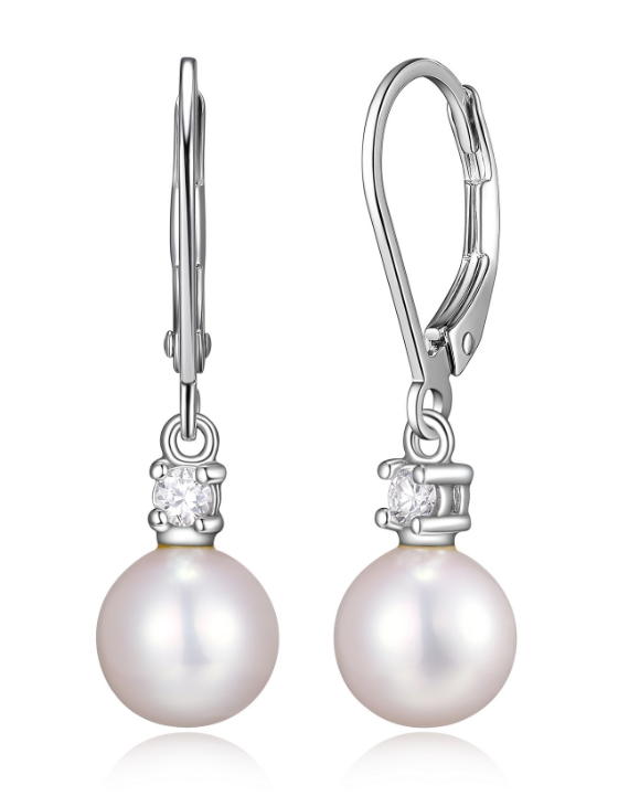 Diamondlite CZ & genuine 8mm round pearl drop leverback earrings in sterling silver.