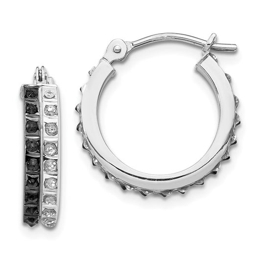 14k White Gold Diamond Fascination B and W Diamond Round Hinged Hoop Earrings