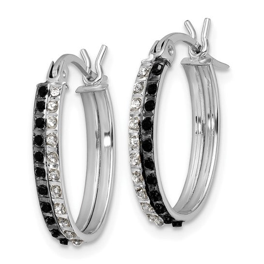 Diamond Mystique Sterling Silver Platinum-plated Diamond Black and White Diamond Oval Hoop Earrings