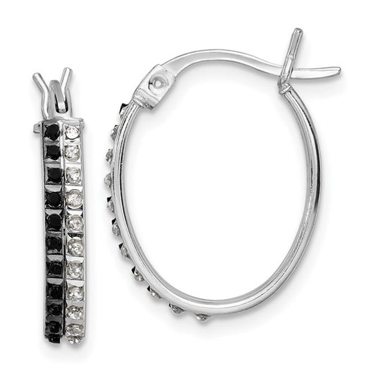 Diamond Mystique Sterling Silver Platinum-plated Diamond Black and White Diamond Oval Hoop Earrings