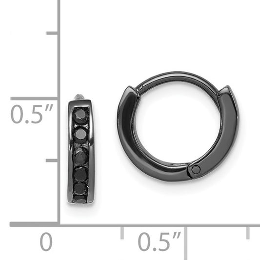 Sterling Silver Black RH-plated Black CZ Hinged Round Hoop Earrings