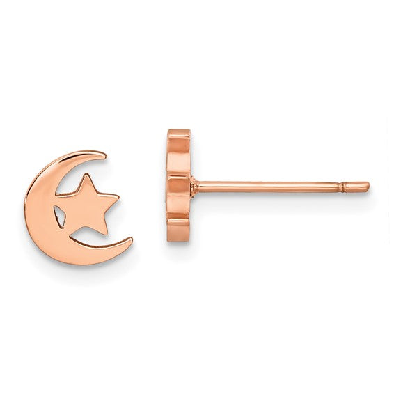 Stainless Steel Polished Rose IP-plated Moon and Star Post Earrings