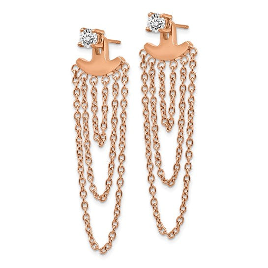 Stainless Steel Polished Rose IP-plated CZ Post with Jacket Earrings
