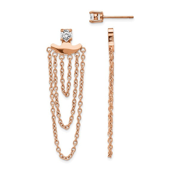 Stainless Steel Polished Rose IP-plated CZ Post with Jacket Earrings
