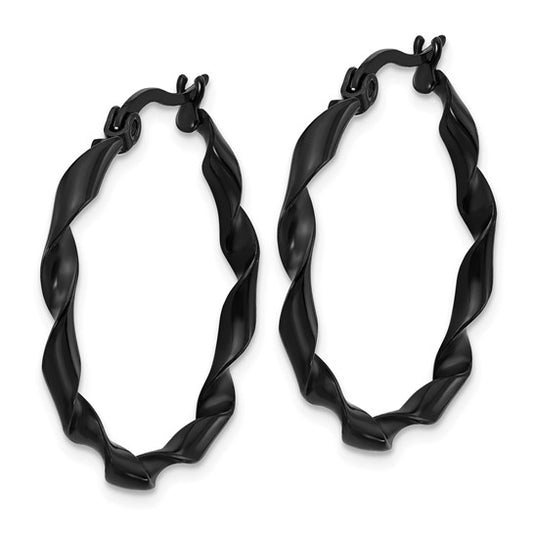 Stainless Steel Polished Black IP-plated Twisted Hoop Earrings