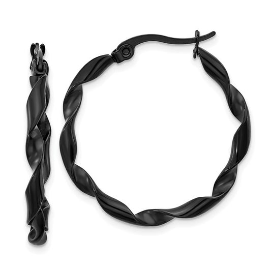 Stainless Steel Polished Black IP-plated Twisted Hoop Earrings