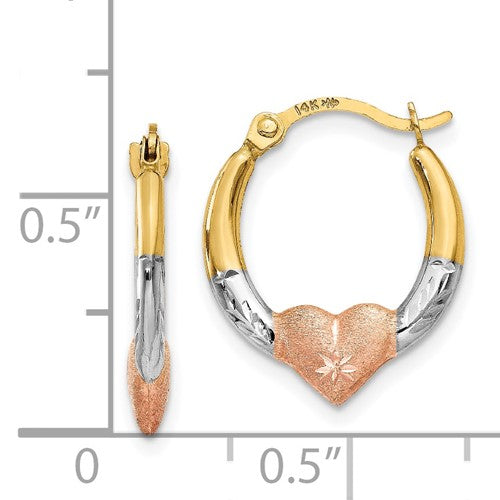 14K and White and Rose Rhodium Heart Hoop Earrings