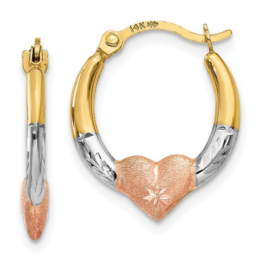 14K and White and Rose Rhodium Heart Hoop Earrings