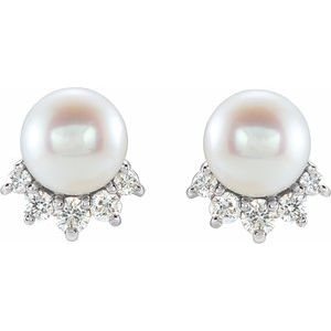 14K White Cultured White Freshwater Cultured Pearl & .08 CTW Natural  Diamond Earrings