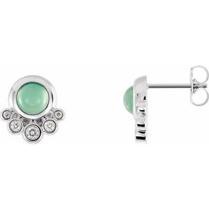 14K White  Natural Green Chrysoprase  & 1/8 CTW Natural Diamond Earrings