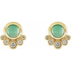 14K Yellow  Natural Green Chrysoprase  & 1/8 CTW Natural Diamond Earrings