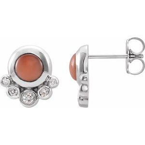 14K White Natural Pink Coral & 1/8 CTW Natural Diamond Earrings