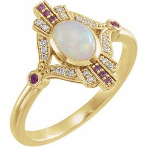 14K Yellow Natural Ethiopian Opal, Natural Pink Sapphire & .06 CTW Natural Diamond Cabochon Ring
