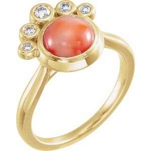 14K Yellow Natural Pink Coral & 1/8 CTW Natural Diamond Ring