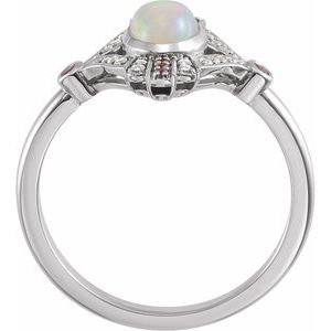 14K White Natural Ethiopian Opal, Natural Pink Sapphire & .06 CTW Natural Diamond Cabochon Ring