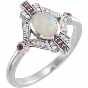 14K White Natural Ethiopian Opal, Natural Pink Sapphire & .06 CTW Natural Diamond Cabochon Ring