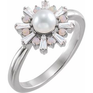 Platinum  Cultured White Akoya Pearl, Natural White Opal & 1/4 CTW Natural Diamond 