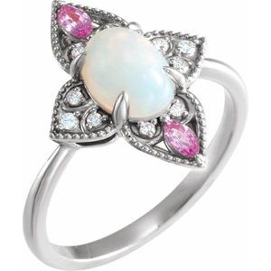 14K White Natural Ethiopian Opal, Natural Pink Sapphire & .05 CTW Natural Diamond Ring