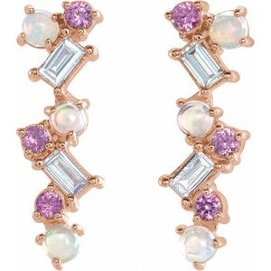 14K Rose Natural Ethiopian Opal, Natural Pink Sapphire & 1/10 CTW Natural Diamond Scattered Bar Earrings