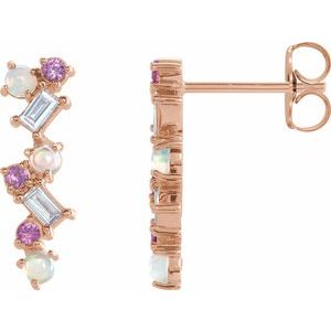 14K Rose Natural Ethiopian Opal, Natural Pink Sapphire & 1/10 CTW Natural Diamond Scattered Bar Earrings