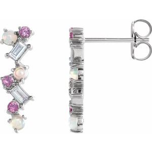 14K White Natural Ethiopian Opal, Natural Pink Sapphire & 1/10 CTW Natural Diamond Scattered Bar Earrings