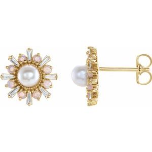 14K Yellow Cultured White Akoya Pearl, Natural White Opal & 1/6 CTW Natural Diamond Earrings
