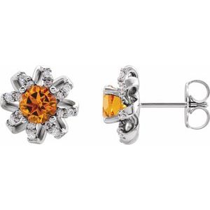 14K White Natural Citrine & 1/6 CTW Natural Diamond Halo-Style Earrings