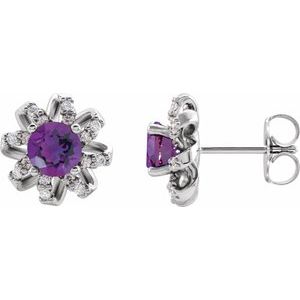 Sterling Silver Natural Amethyst & 1/6 CTW Natural Diamond Halo-Style Earrings