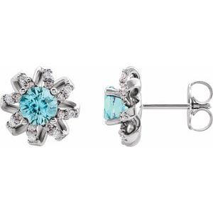Sterling Silver Natural Blue Zircon & 1/6 CTW Natural Diamond Halo-Style Earrings