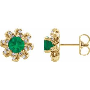 14K Yellow Lab-Grown Emerald & 1/6 CTW Natural Diamond Halo-Style Earrings