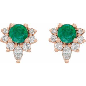 14K Rose Natural Emerald & 1/6 CTW Natural Diamond Earrings