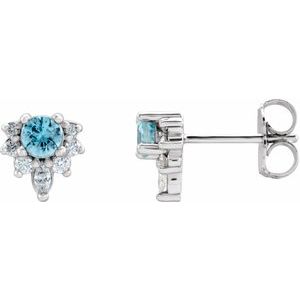 14K White Natural Blue Zircon & 1/6 CTW Natural Diamond Earrings