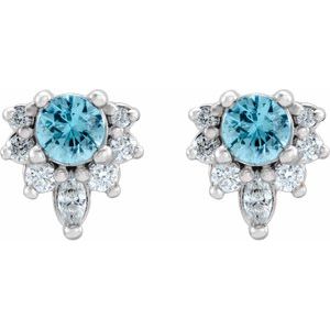 14K White Natural Blue Zircon & 1/6 CTW Natural Diamond Earrings