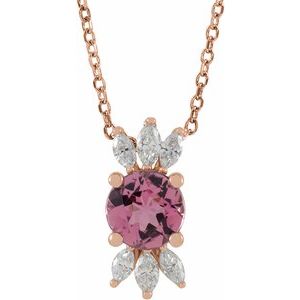 14K Rose Natural Pink Tourmaline & 1/5 CTW Natural Diamond 16-18" Necklace
