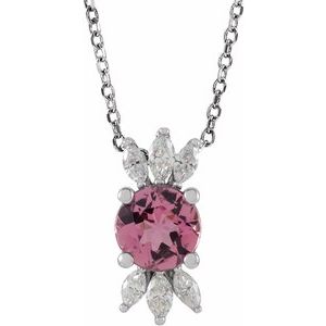 Platinum Natural Pink Tourmaline & 1/5 CTW Natural Diamond 16-18" Necklace