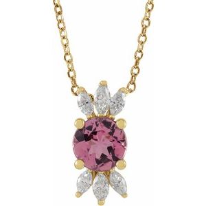 14K Yellow Natural Pink Tourmaline & 1/5 CTW Natural Diamond 16-18" Necklace