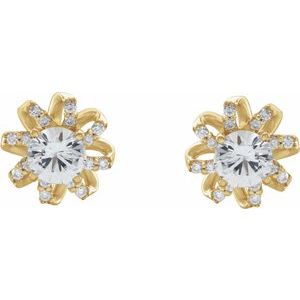 14K Yellow Natural White Sapphire & 1/6 CTW Natural Diamond Halo-Style Earrings
