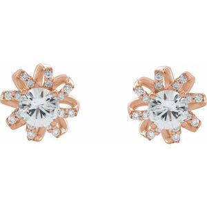 14K Rose Natural White Sapphire & 1/6 CTW Natural Diamond Halo-Style Earrings