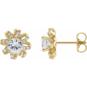 14K Yellow Natural White Sapphire & 1/6 CTW Natural Diamond Halo-Style Earrings